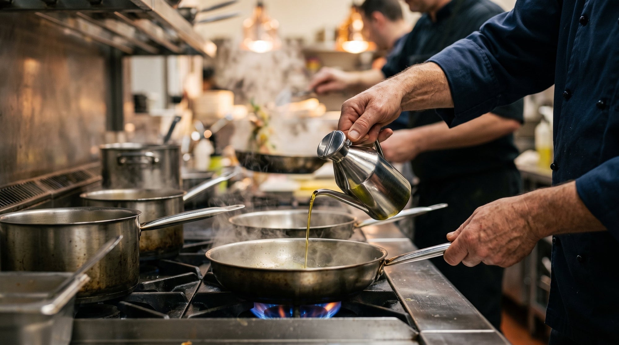 Cocina profesional de restaurante donde vierten aceite de aguacate en una sartén