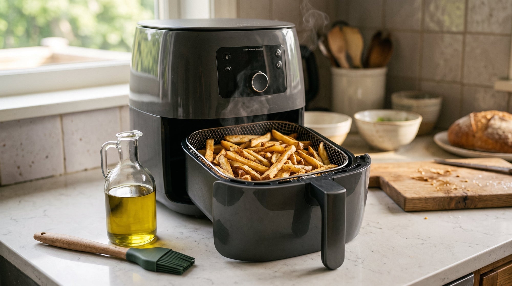 Air fryer con papas doradas y aceite de aguacate al lado en una cocina