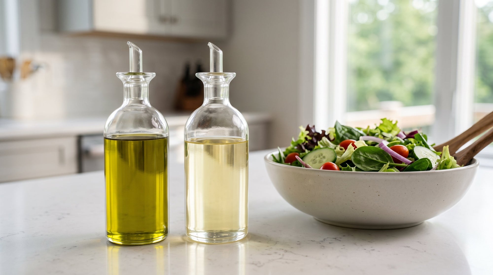 Aceite de aguacate y aceite de oliva junto a una ensalada fresca en una cocina