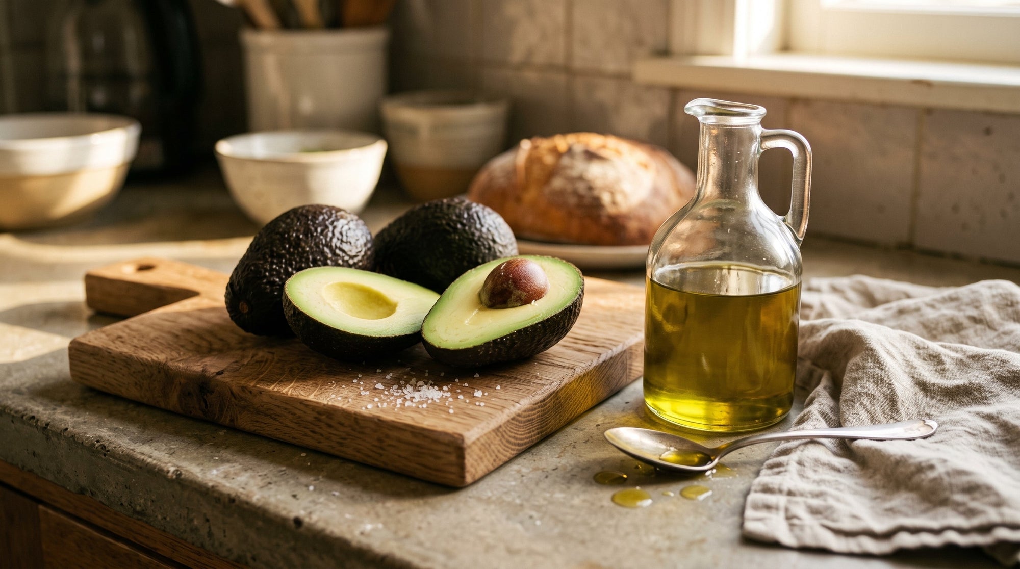 Aguacates Hass frescos partidos y una jarra de aceite de aguacate en una cocina