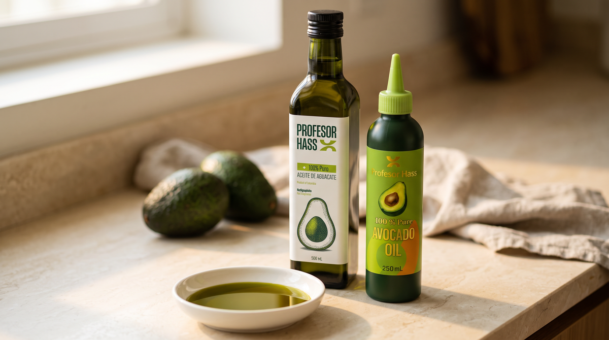 Aceite de aguacate Profesor Hass en botella de vidrio de 500 mL y botella de 250 mL con tapa pico, sobre un mesón de cocina con aguacates Hass