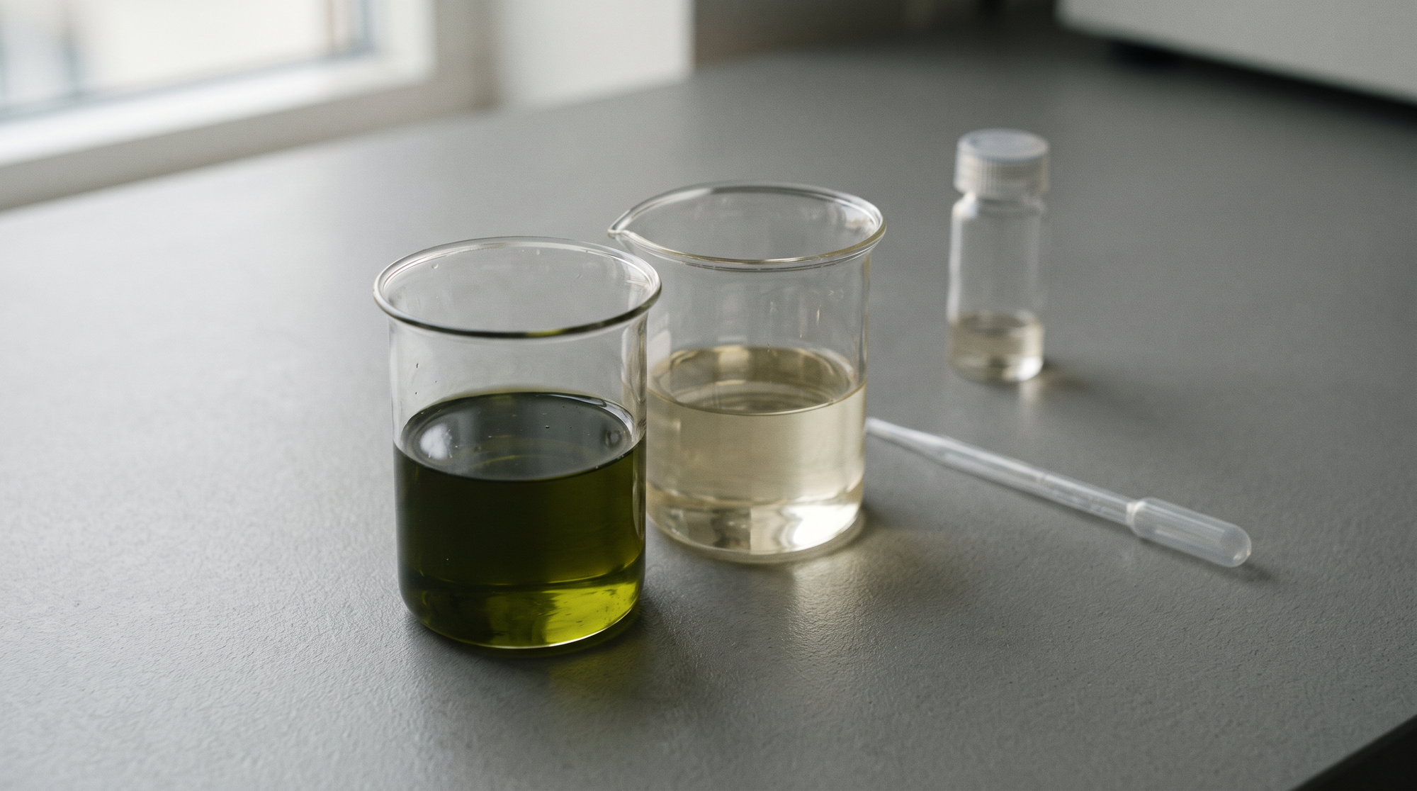 Comparación en laboratorio: un vaso con aceite de aguacate puro de color verde intenso junto a otro con un aceite de semillas pálido