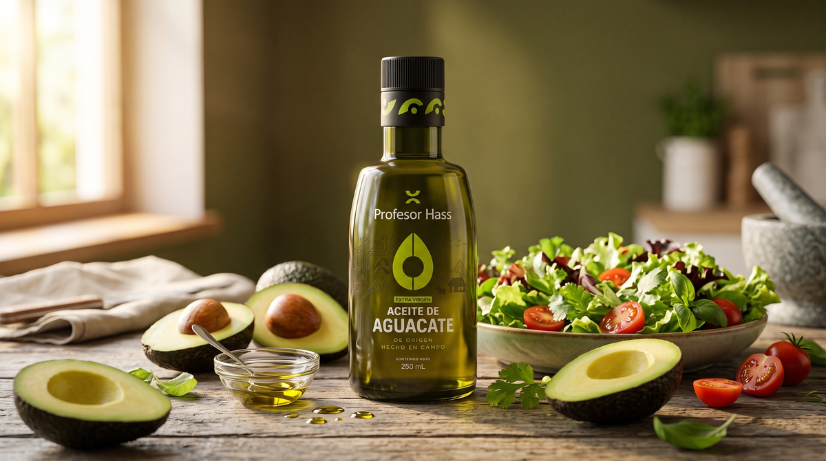 Aceite de aguacate extra virgen 250 mL Profesor Hass en cocina con aguacates frescos y ensalada