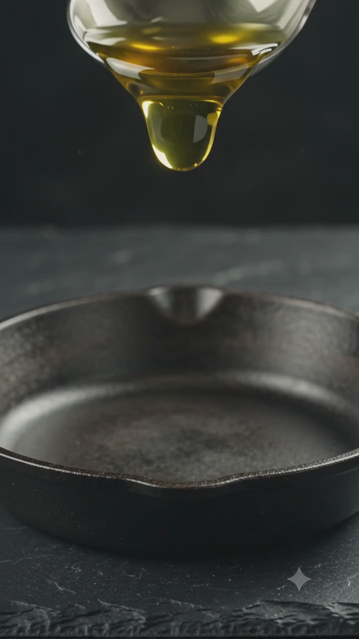 Hilo de aceite de aguacate dorado cayendo en una sarten - vertical