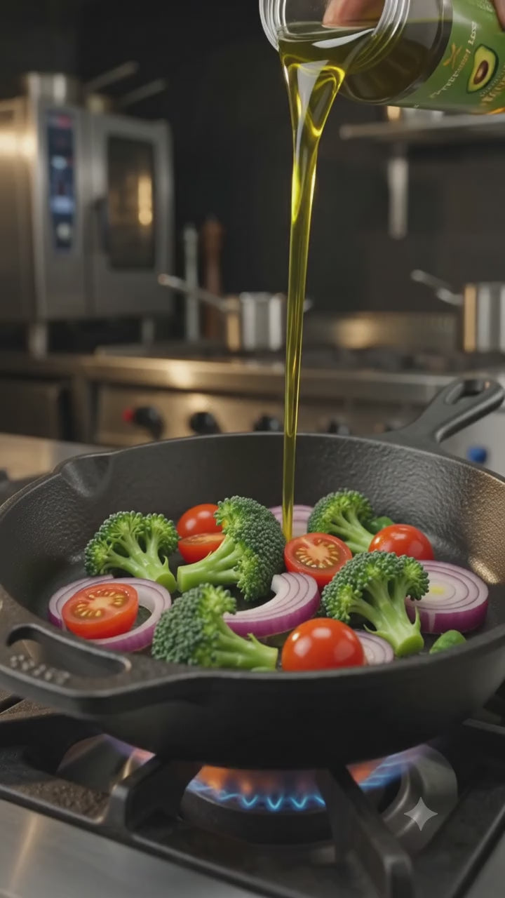 Aceite de aguacate Profesor Hass en la sarten con verduras salteadas