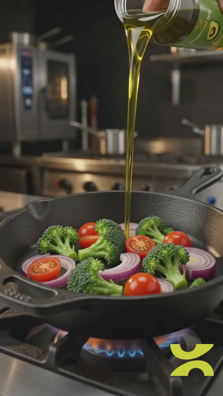 Aceite de aguacate Profesor Hass en la sarten con verduras salteadas