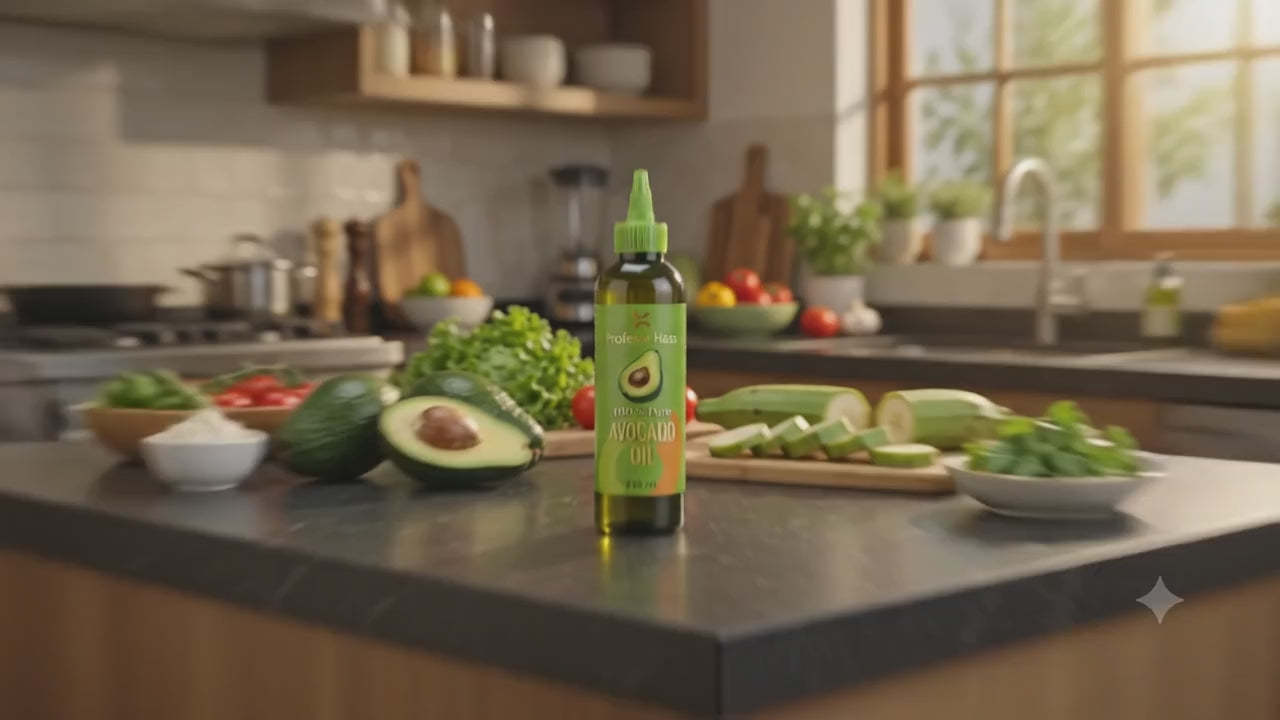 Botella de Aceite de Aguacate Profesor Hass 250 mL tapa pico sobre la mesada de la cocina