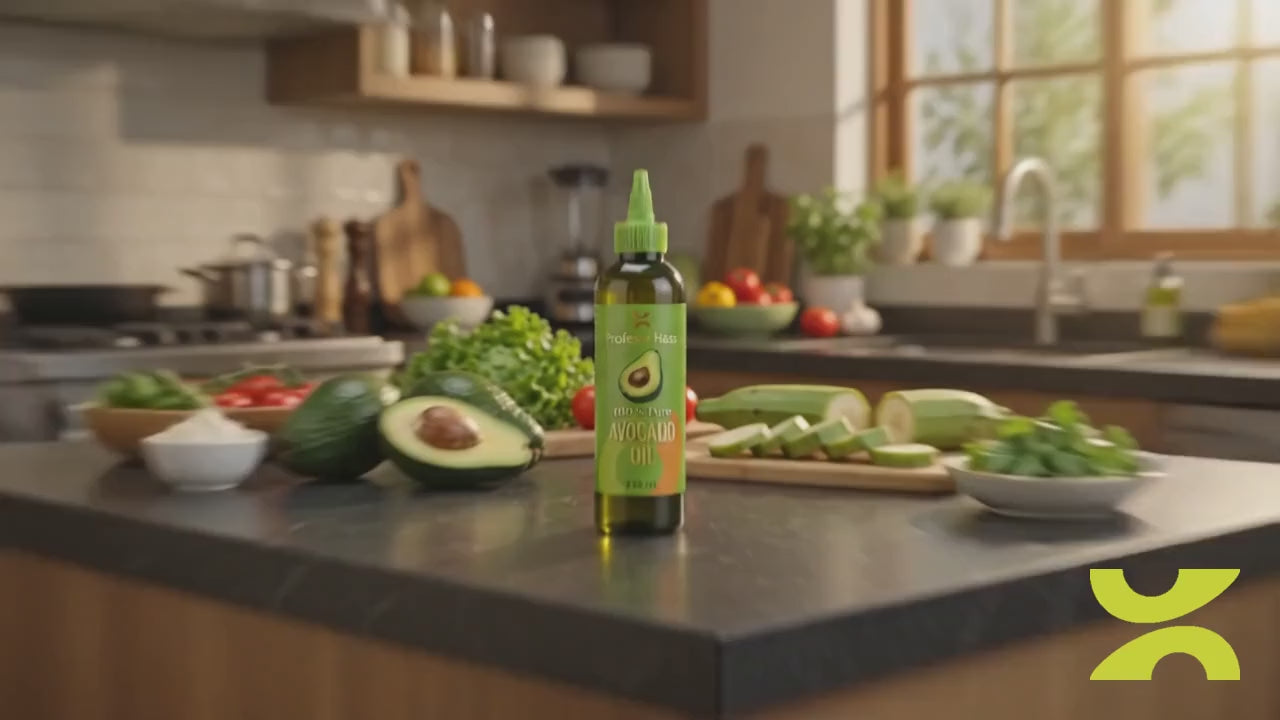 Botella de Aceite de Aguacate Profesor Hass 250 mL tapa pico sobre la mesada de la cocina